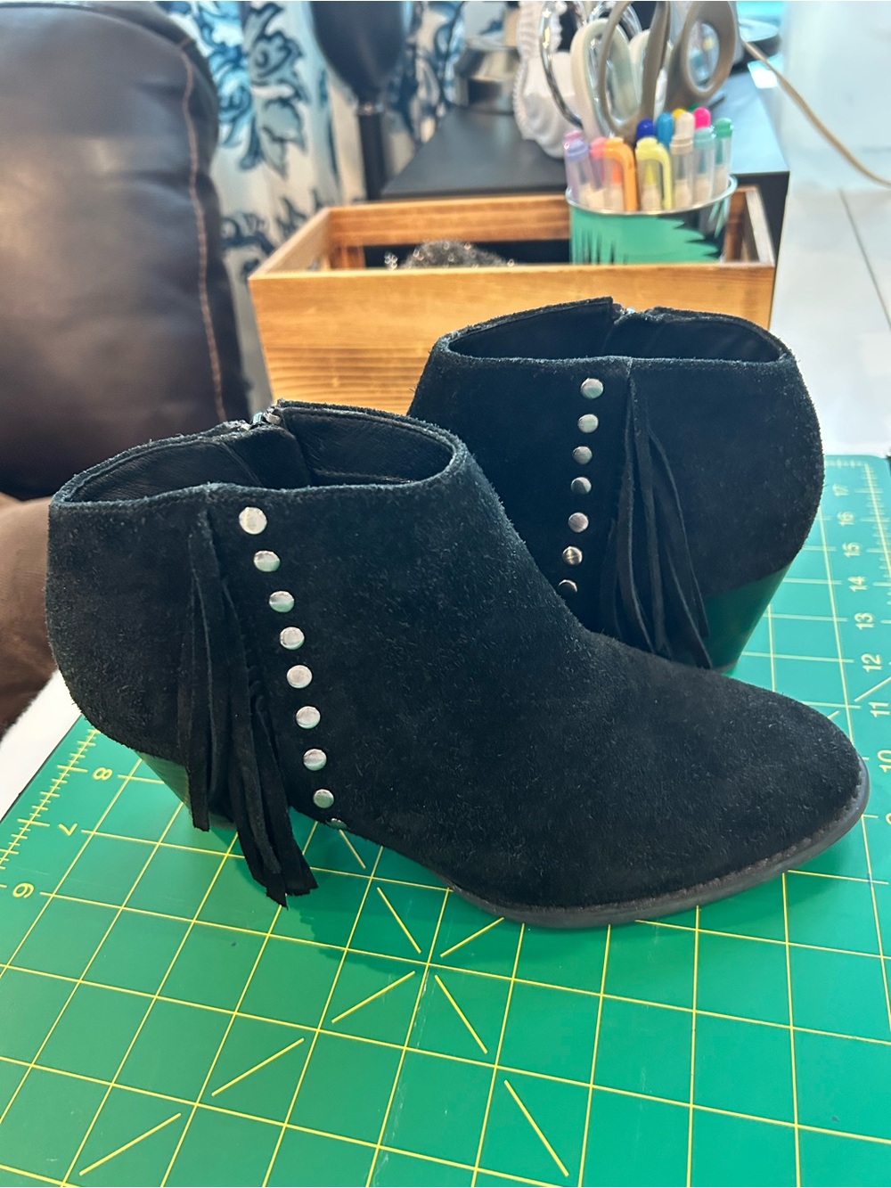 Vionic Black Suede Fringe Ankle Booties with Silver Studs